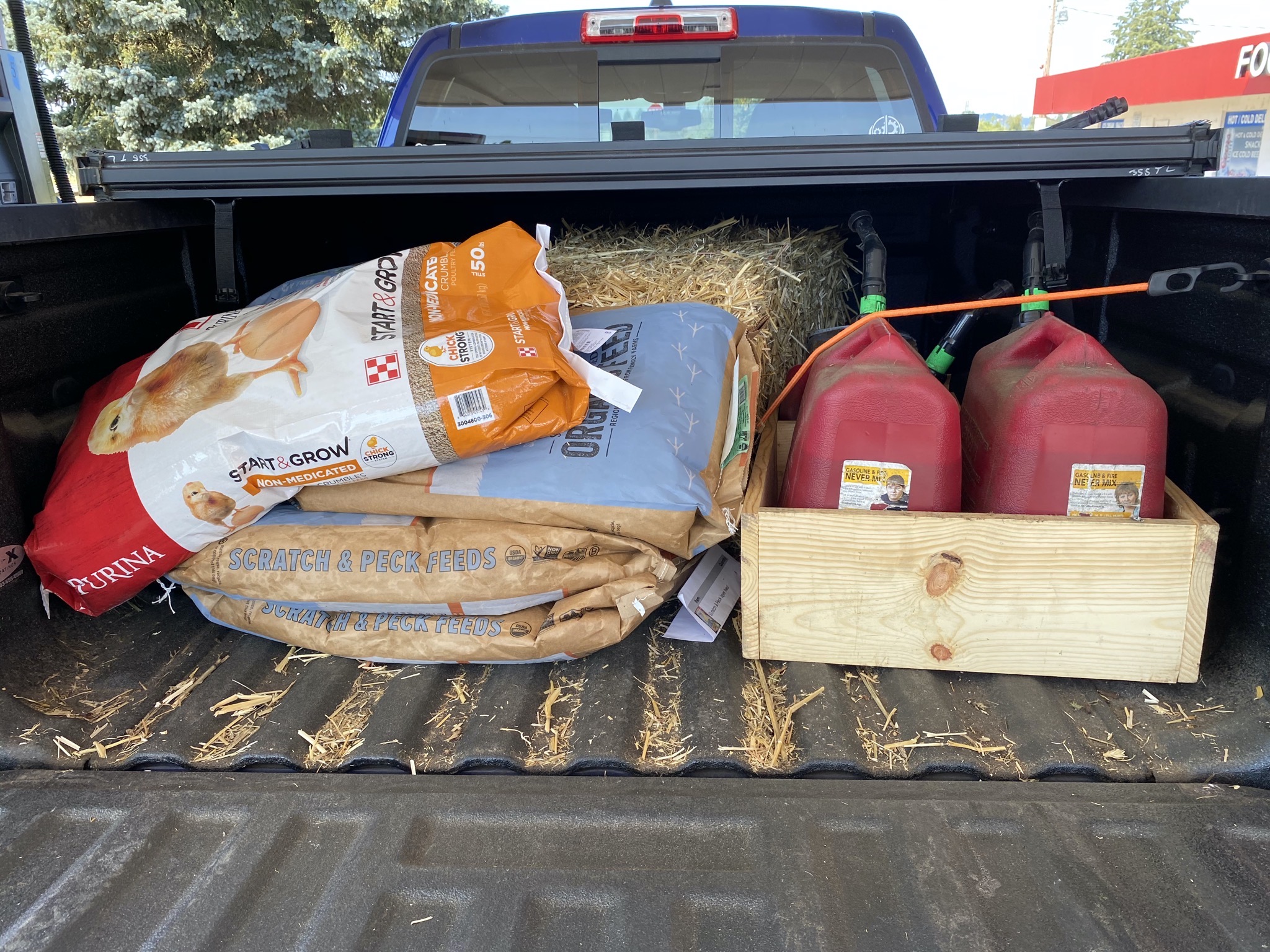 Duck and chicken food, straw, mower gas
