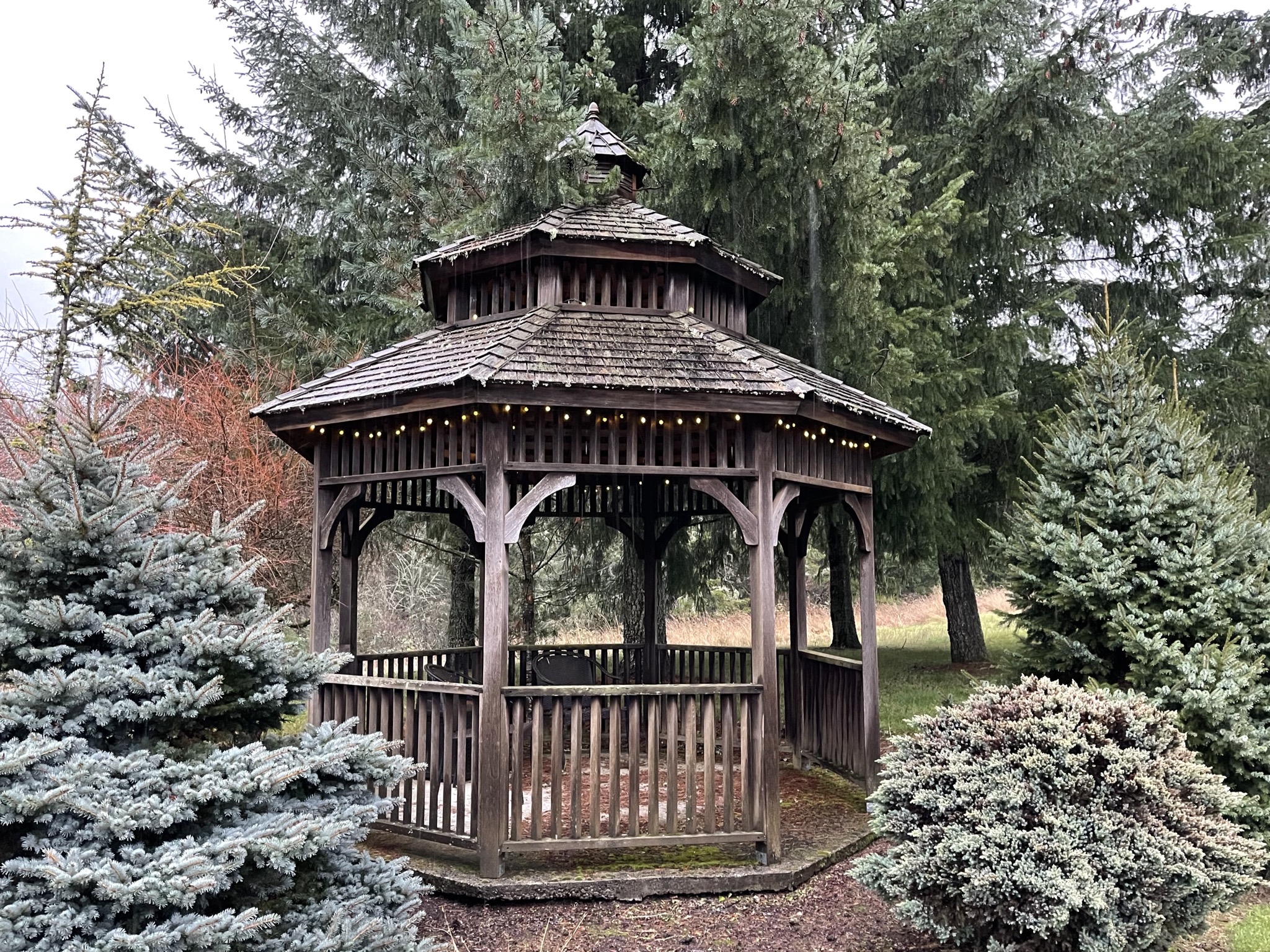 Brown gazebo with lights on
