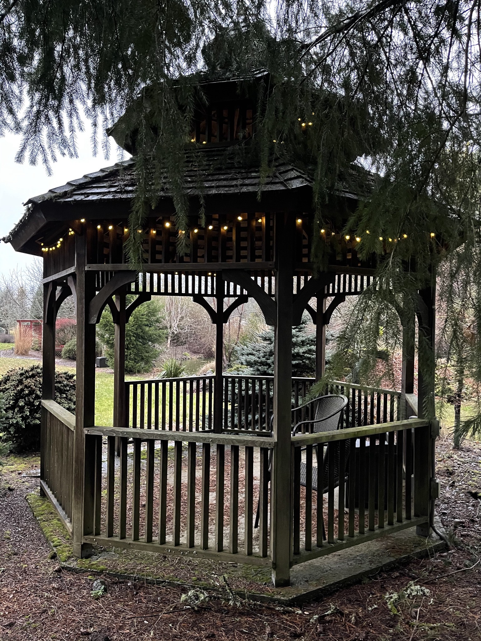 Brown gazebo from behind