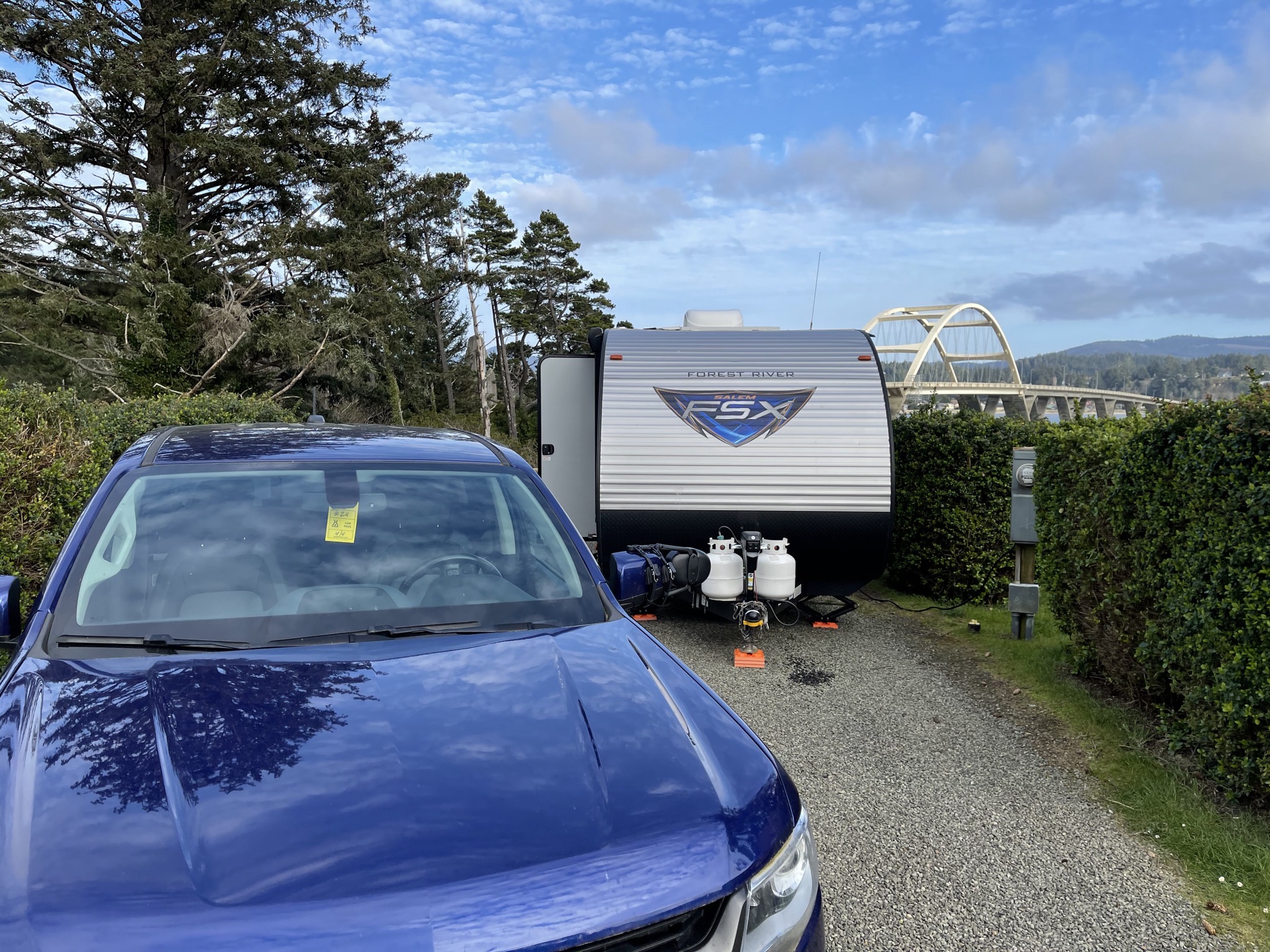 Truck and trailer at campsite