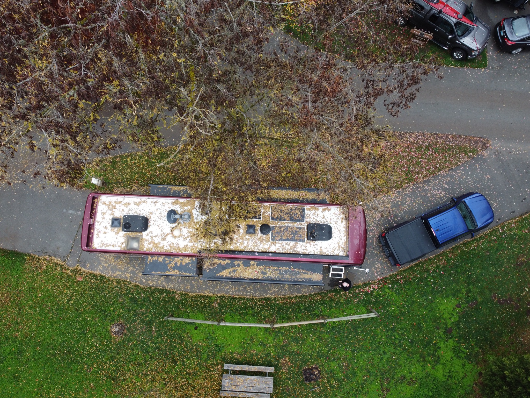 Aerial view of coach and truck