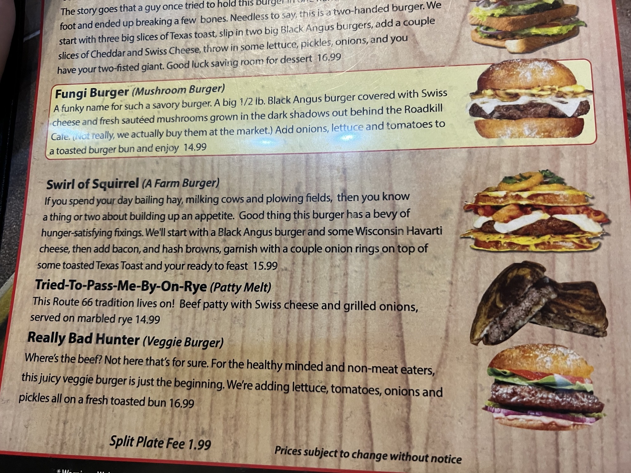 Roadkill Cafe menu