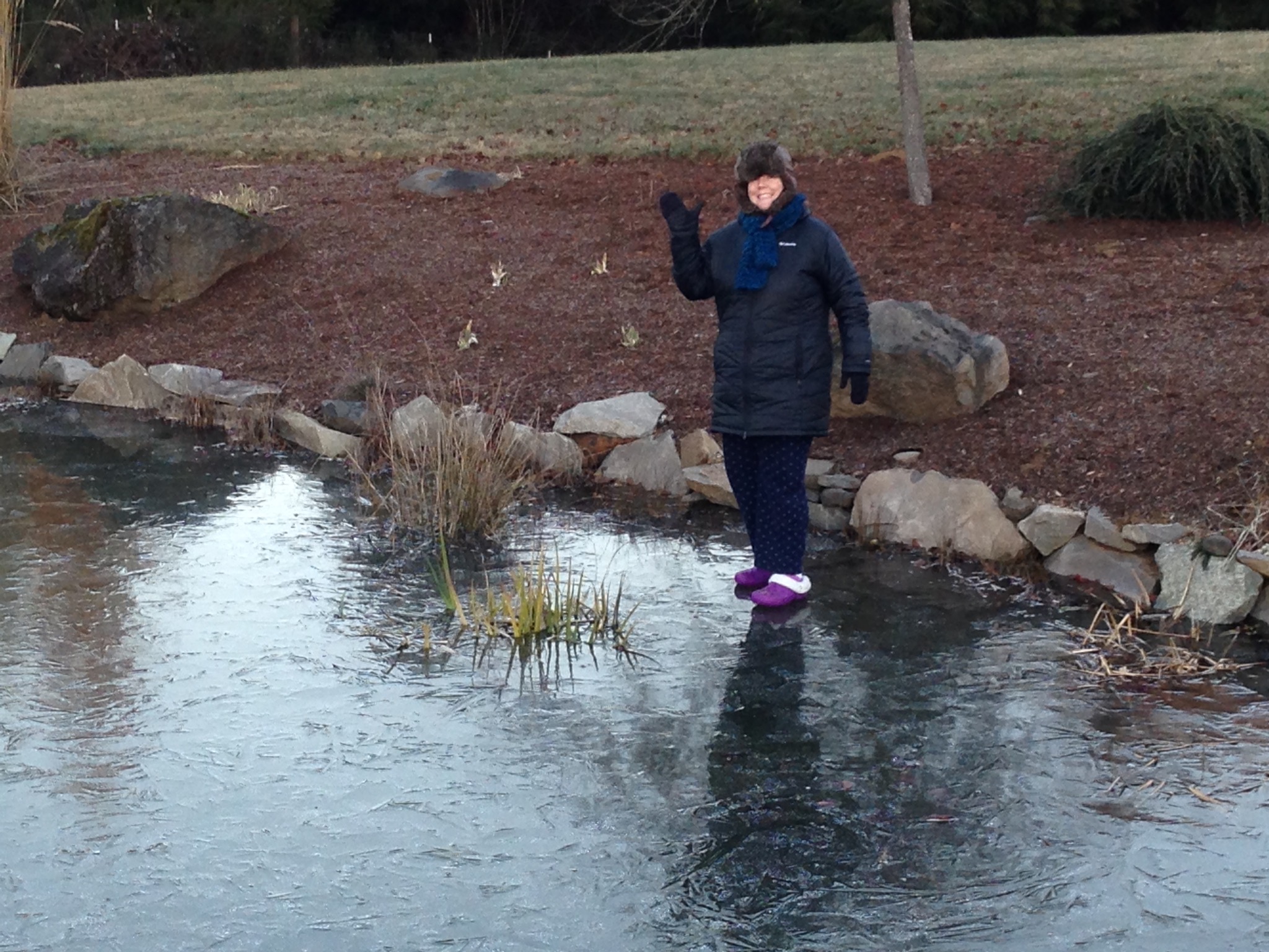 Jenn walking on frozen pond