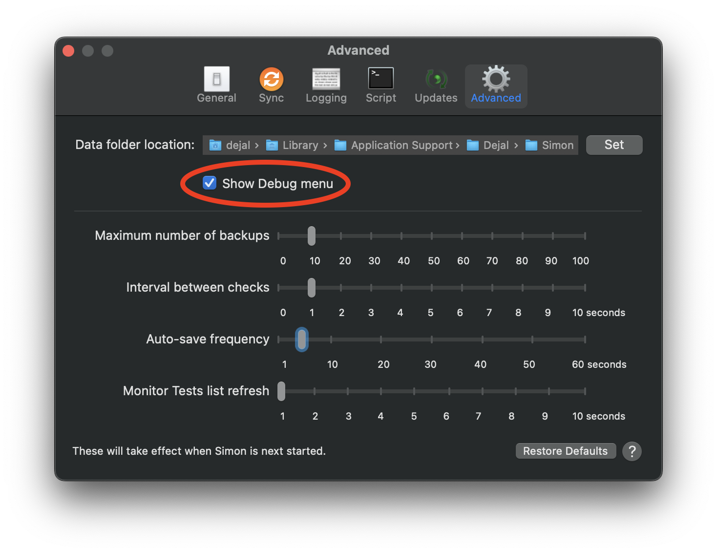 Debug menu