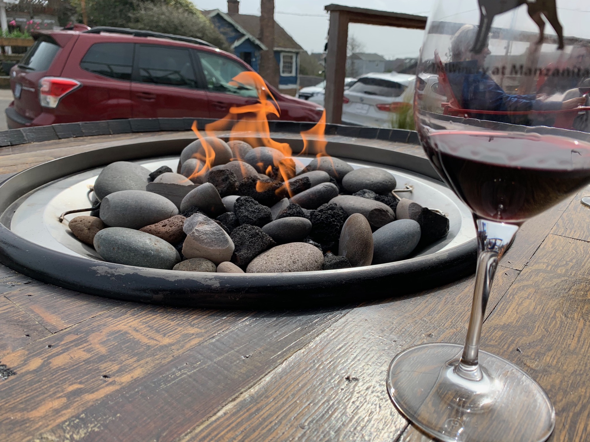 Drinking wine by the fire