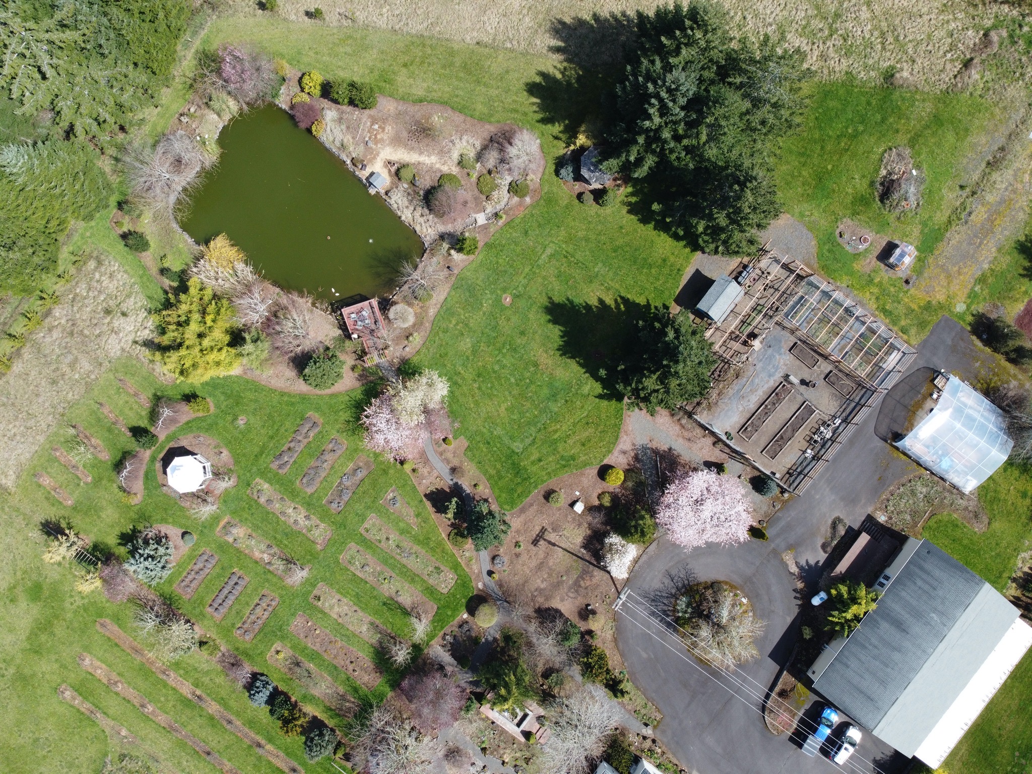 Flowerbeds, pond, veggie garden, etc