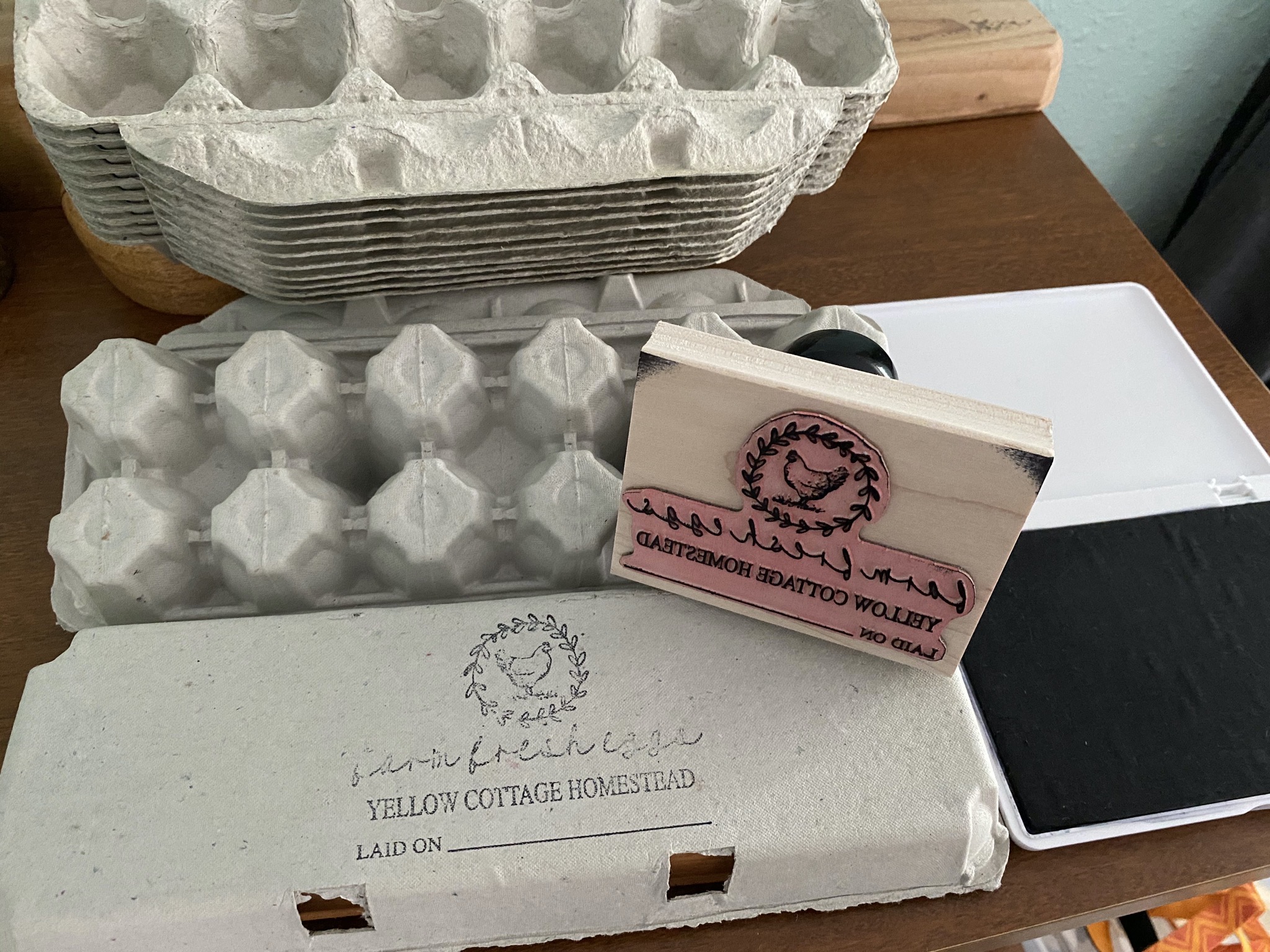 Egg cartons and stamp