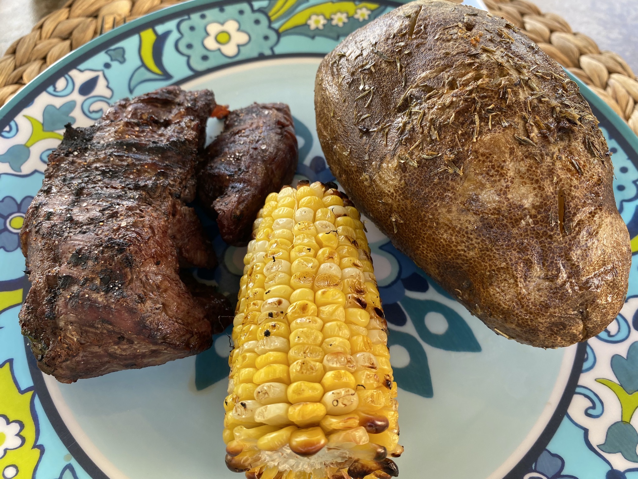 Bison steak, corn, potato