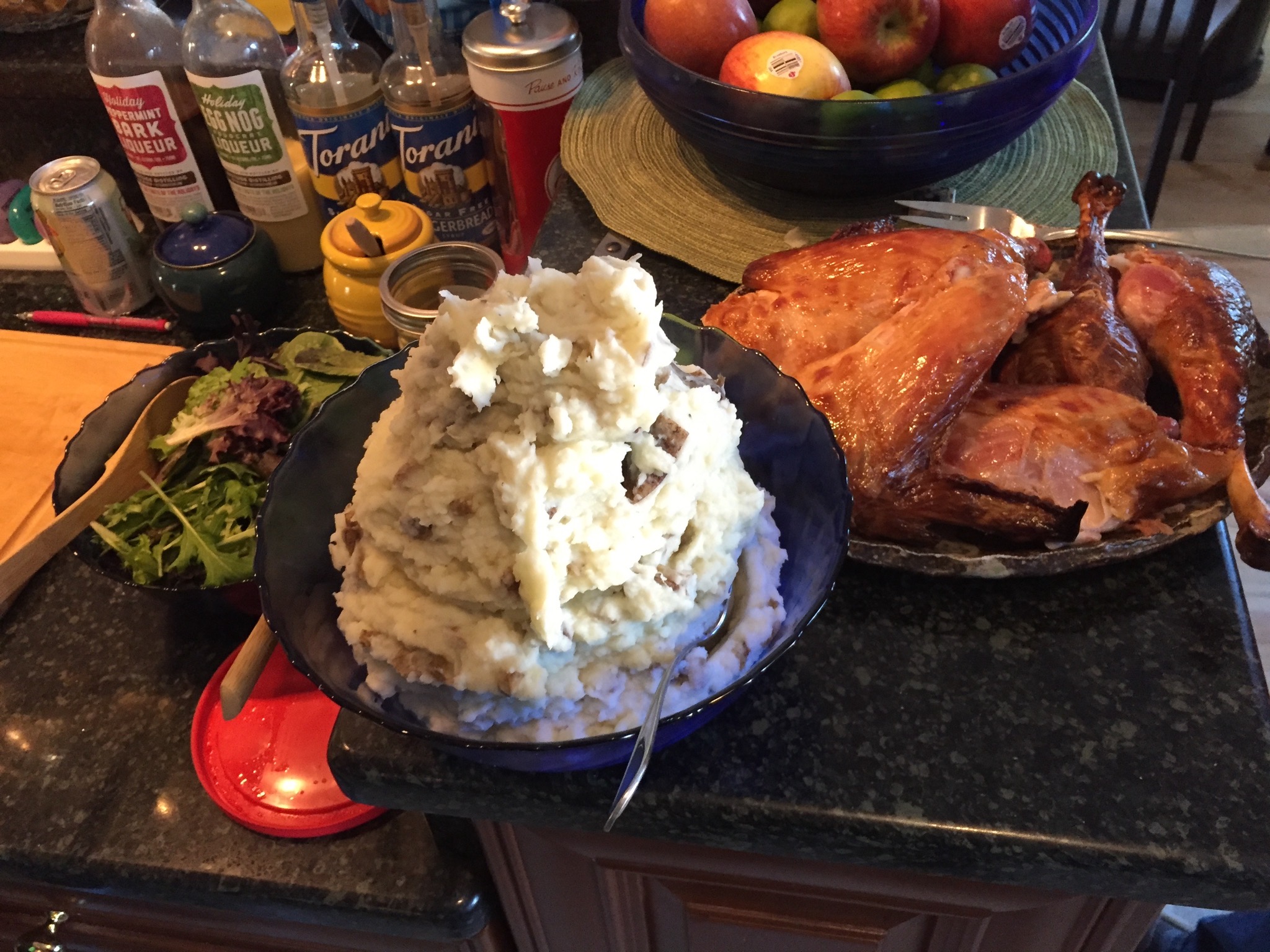 Salad, mashed potatoes, turkey