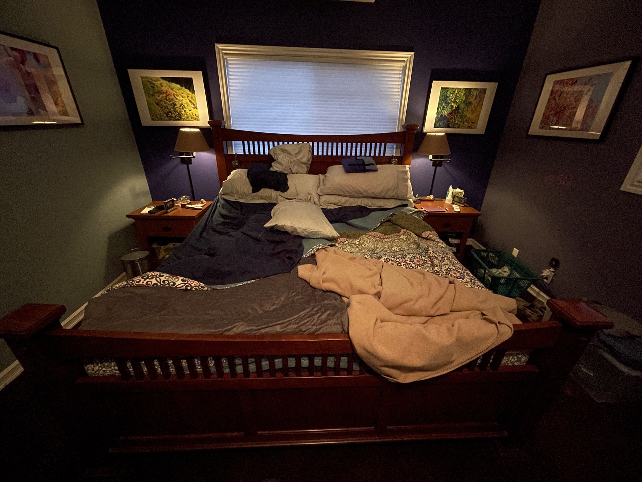 Tilt king bed, side tables, artwork