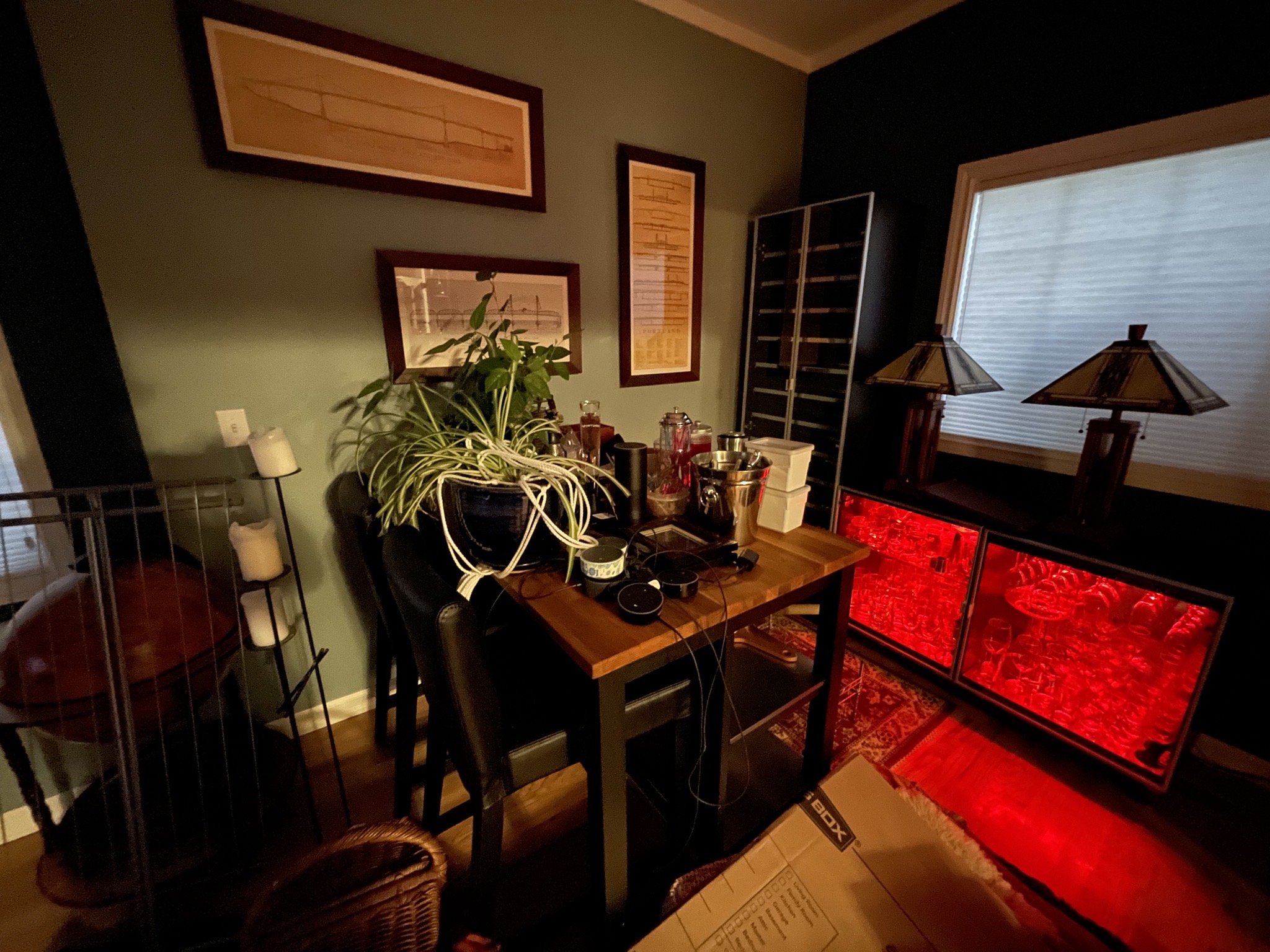 Bar, barware, lamps, pictures