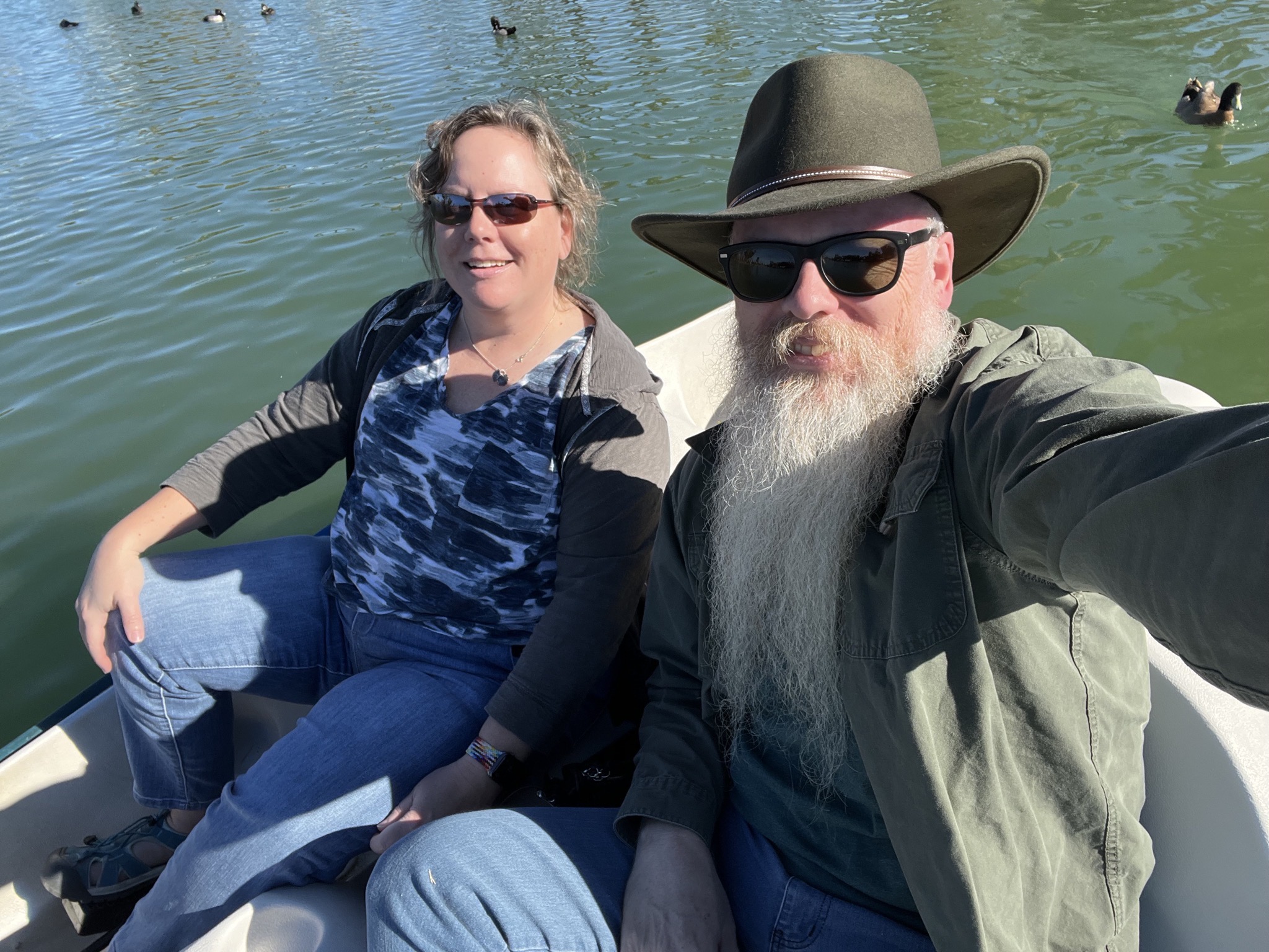 Jenn and David in a pedal boat