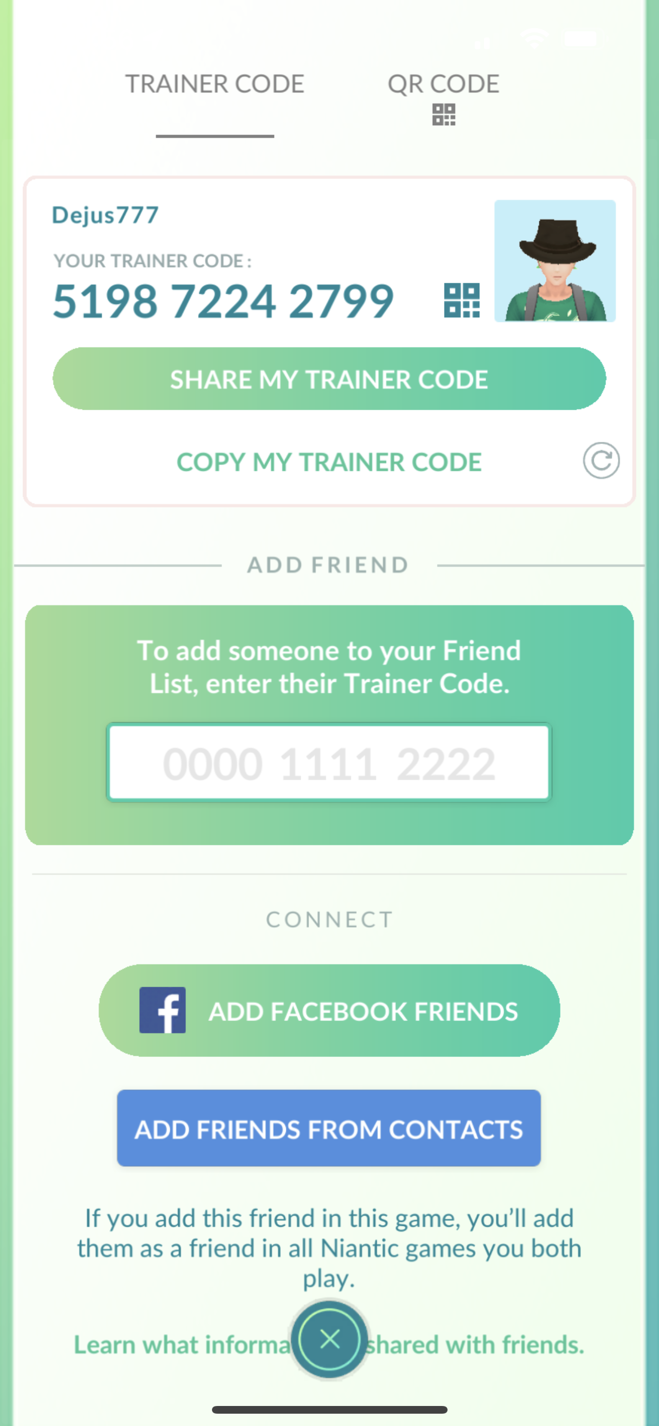 Pokémon Go trainer code