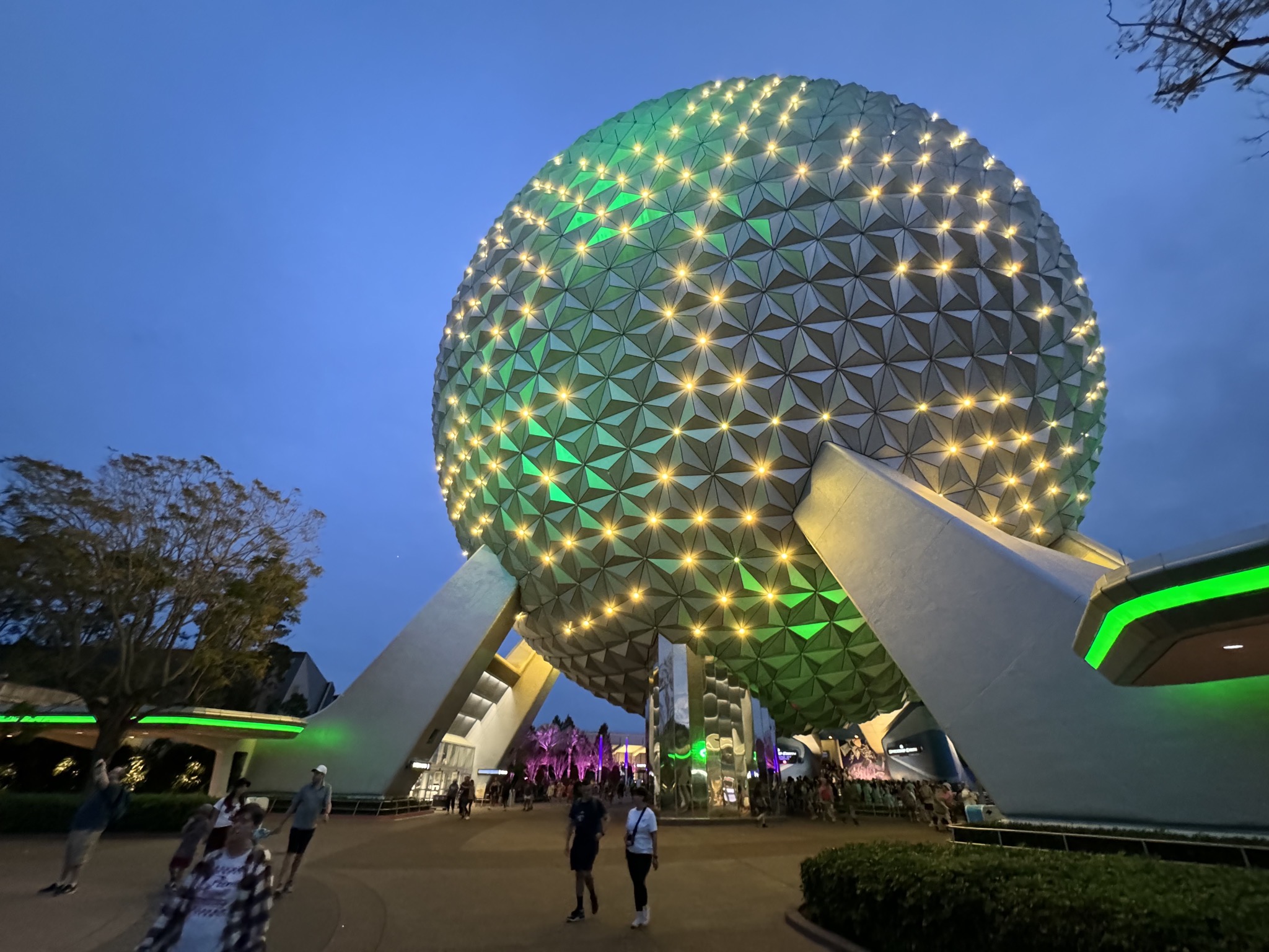 Epcot's Spaceship Earth globe at night with sparkly lighting