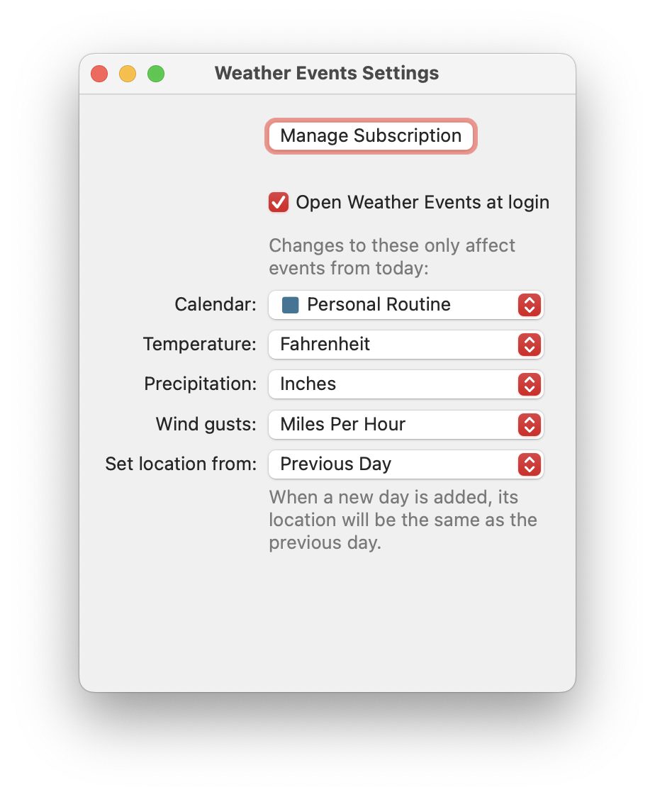 Settings for Previous Day